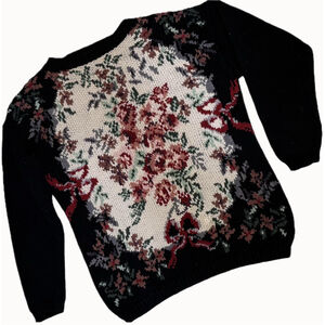 Vintage 80s Lewis Henry Floral Tapestry Pullover Sweater Natural Fiber One Size